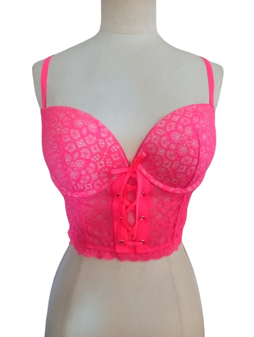 Victorias Secret Longline Corset Bra Lace-Up Front Vibrant Pink Size 34D